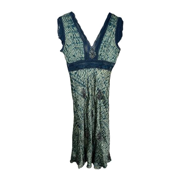 Vintage Y2K Tie Dye Embellished Silk Slip Dress Medium Blue Beaded 2000s Lace - Picture 1 of 9